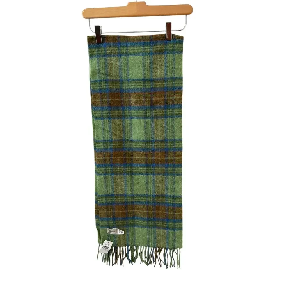 LL Bean Green Plaid Lambswool Fringed Scarf
